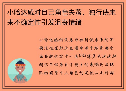 小哈达威对自己角色失落，独行侠未来不确定性引发沮丧情绪