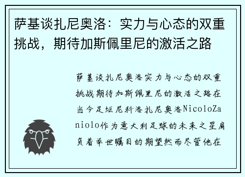 萨基谈扎尼奥洛：实力与心态的双重挑战，期待加斯佩里尼的激活之路