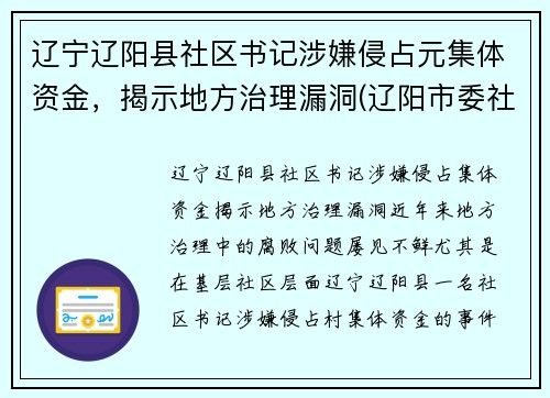 辽宁辽阳县社区书记涉嫌侵占元集体资金，揭示地方治理漏洞(辽阳市委社区)